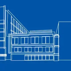 Blue and white illustration of Geffen Hall