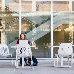 Medical school students at Geffen Hall patio planning their careers in medicine