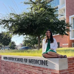 Medical student Shannon Richardson, pictured here in front of Geffen Hall, shares her story of becoming a doctor.  