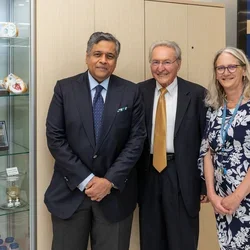 Drs. Kalyanam Shivkumar, Michael Fishbein and Sarah Dry stand in front of the newly dedicated Michael C. Fishbein, MD Heart Collection. 