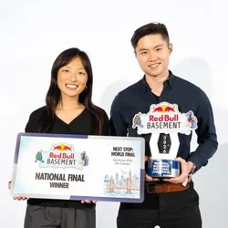 Hayoung Ahn and Xuelong Mu, holding Red Bull Basement awards