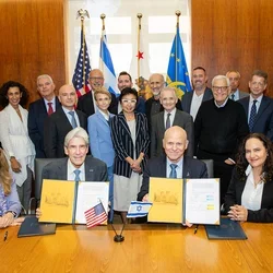 UCLA Chancellor Julio Frenk and The Hebrew University of Jerusalem President Tamir Sheafer at MOU signing ceremony, joined by David Geffen School of Medicine leaders and other university representatives and supporters