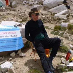 Jonathan Tobis, MD, awaits hikers at Mt. Whitney’s Trail Camp 