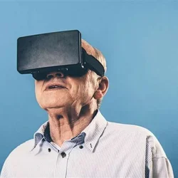 A man wearing a virtual reality (VR) headset. 
