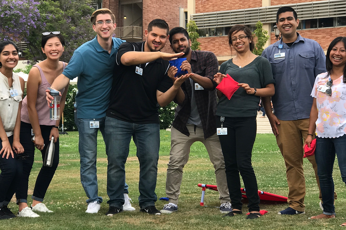 PRIMErs playing games in Switzer Plaza at the David Geffen School of Medicine at UCLA