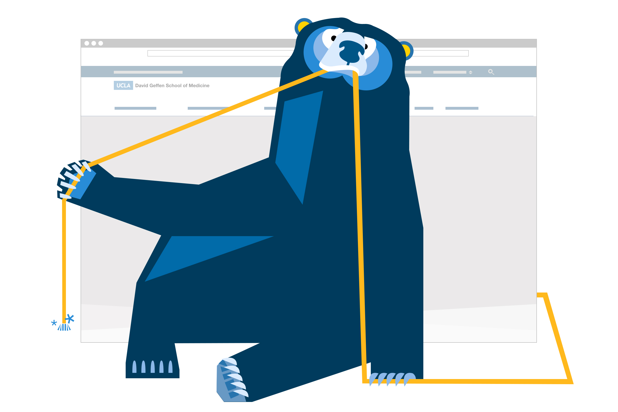 An illustration of a bruin bear chewing on wires.