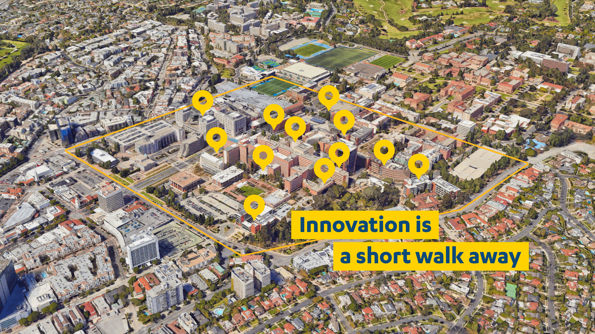 Aerial shot of campus with many innovation hubs marked to show how close potential partnerships are. The phrase, 'innovation is a short walk away' is superimposed