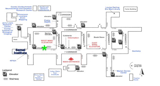 Map of Center for the Health Sciences with the  Bel Air Conference Room (17-323 CHS) marked on the map