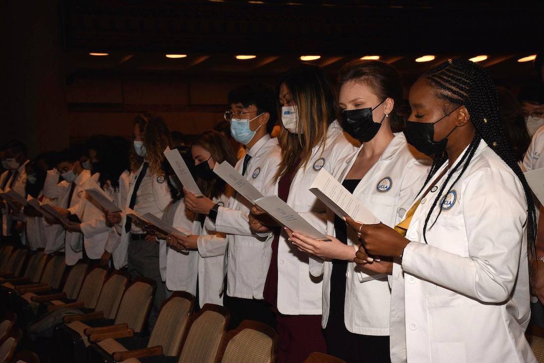 The David Geffen School of Medicine at UCLA White Coat Ceremony took place on Feb. 24 at Royce Hall on the UCLA campus. It was a make-up ceremony to the standard fall event in August 2020. (GradImages)
