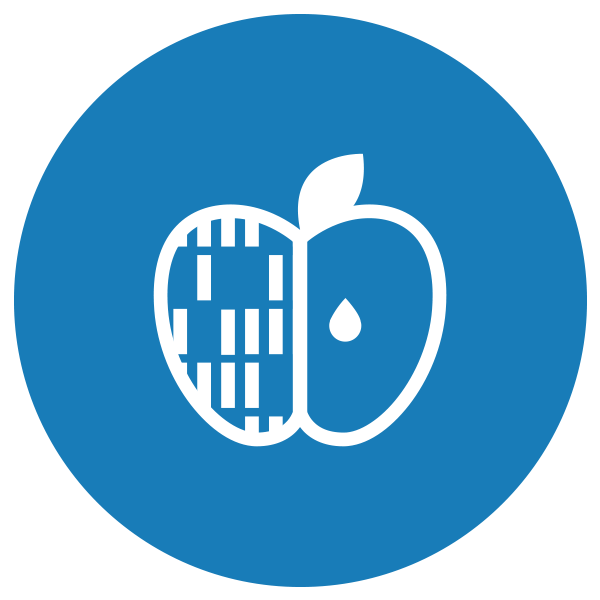 Blue and white icon representing the DNA of an apple