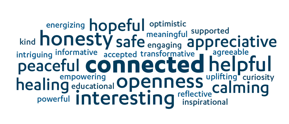 Word cloud of feelings from RPAM 101 participants, including connected, hopeful, honesty, safe, appreciative, peaceful.
