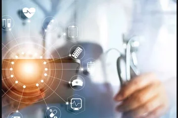 Stylized image of clinician holding stethoscope and grid of medical informatics tools.