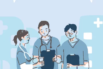 illustration of a woman and two men all wearing scrubs standing together conferring against a blue background