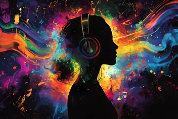 Image of a colorful woman listening to music on headphones