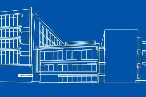Blue and white illustration of Geffen Hall