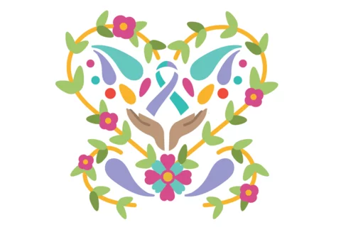 Graphic with flowers, hands, and ribbon