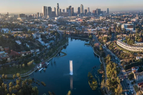 Aerial view of downtown Los Angeles where medical school students provide care