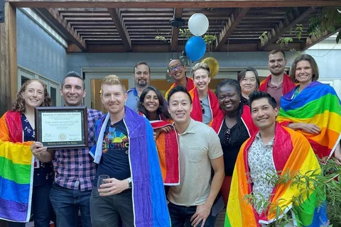 UCLA Health LGBTQ providers and fellows celebrating Dr. Saavedra’s completion of the fellowship (provided by Dr. Yen) are (back row) Dr. Cage Hall, Dr. Emery Chang, Dr. Rebecca Rada, Dr. Gladys Ng, Dr. Cal Burton, Dr. Amy Weimer (front row) Dr. Jessica Bernacki, Dr. Felipe Saavedra, Aaron Taber, Dr. Nupur Agrawal, Dr. George Yen, Dr. Gifty-Maria Ntim, Dr. Brandon Ito.