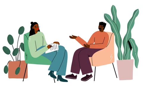 Illustration of people having a conversation in armchairs