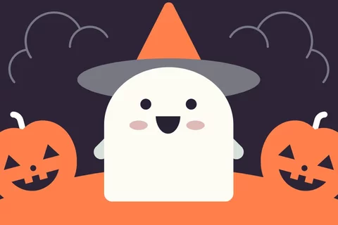 A cartoon ghost in a witch's hat in between two cartoon jack o'lanterns on an orange floor with a dark purple background