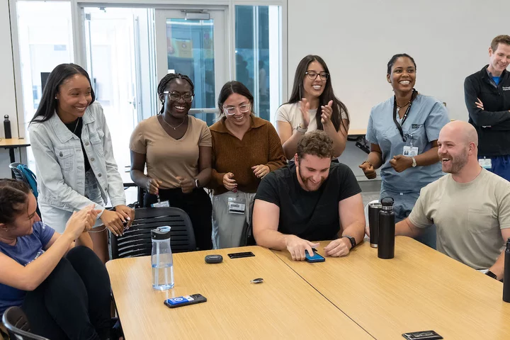 Medical student Alexander Dymond, completing a training exercise with med-school classmates