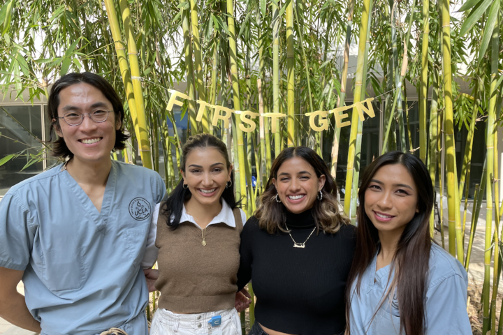 Medical student Kendra Arriaga-Castellanos, pictured with other first-gen classmates, shares her story of becoming a doctor 