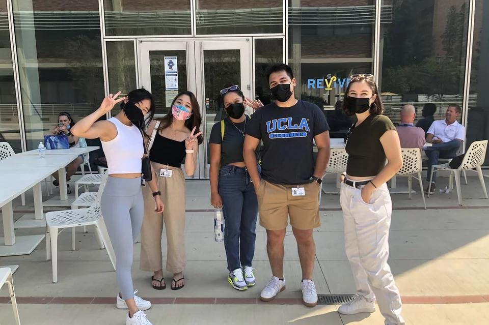 First year medical students outside of Revive Cafe in Geffen Hall