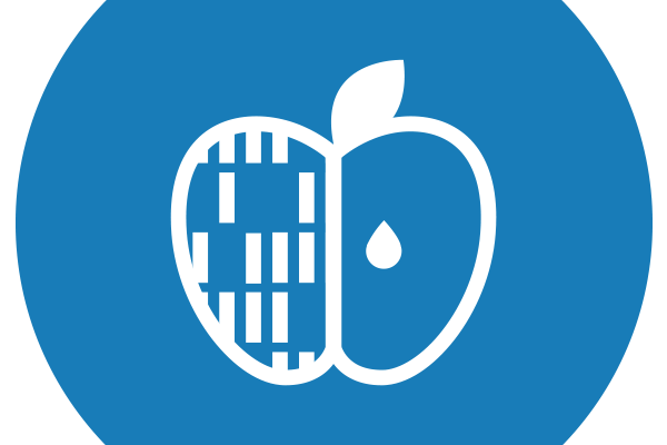 Blue and white icon representing the DNA of an apple