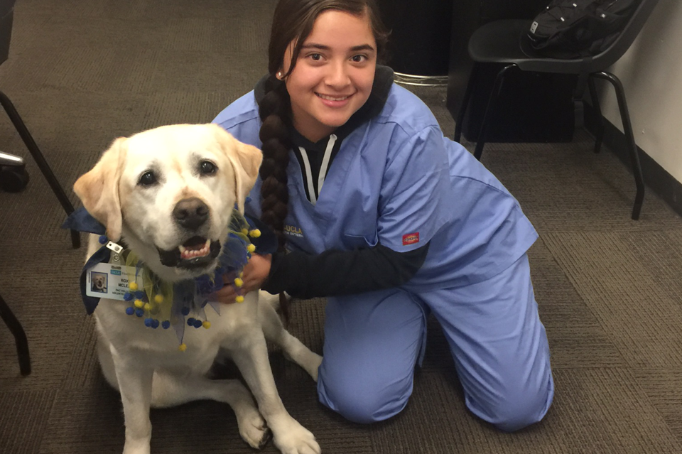 Student from Turner-UCLA Allied Health Internship pictured with a People Animal Connection visitor