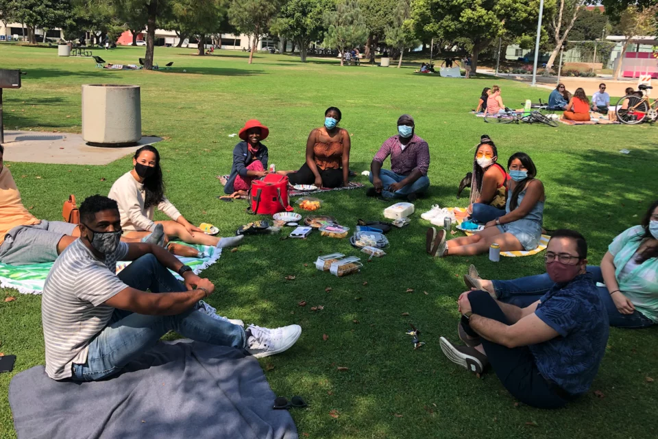 A group of residents at a distanced outside hang in Santa Monica, CA