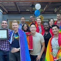 UCLA Health LGBTQ providers and fellows celebrating Dr. Saavedra’s completion of the fellowship (provided by Dr. Yen) are (back row) Dr. Cage Hall, Dr. Emery Chang, Dr. Rebecca Rada, Dr. Gladys Ng, Dr. Cal Burton, Dr. Amy Weimer (front row) Dr. Jessica Bernacki, Dr. Felipe Saavedra, Aaron Taber, Dr. Nupur Agrawal, Dr. George Yen, Dr. Gifty-Maria Ntim, Dr. Brandon Ito.