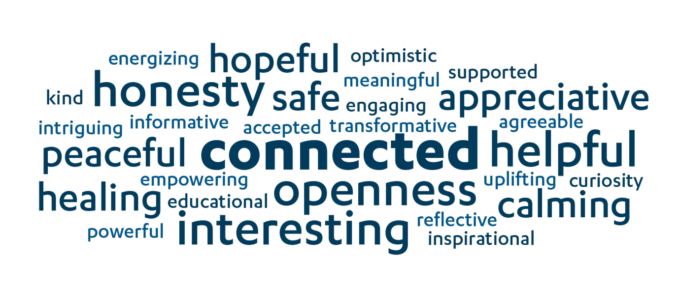 Word cloud of feelings from RPAM 101 participants, including connected, hopeful, honesty, safe, appreciative, peaceful.