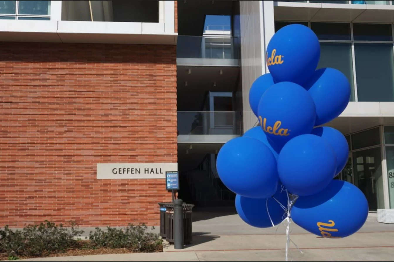 External photo of Geffen Hall with UCLA Balloons