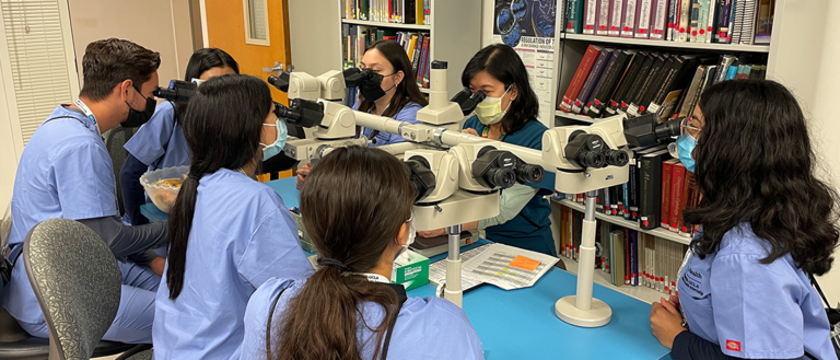 Students of the Turner-UCLA Allied Health Internship in the Cytology rotation looking at samples under the microscope with Cytologist, Po Chu Fung. 