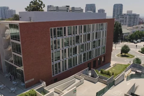 Aerial shot of Geffen Hall, a building dedicated to MD Student's on UCLA's south campus