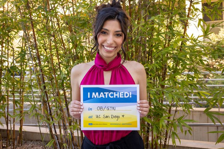 Medical student Leilani Gutierrrez-Palominos pictured with her residency match results 