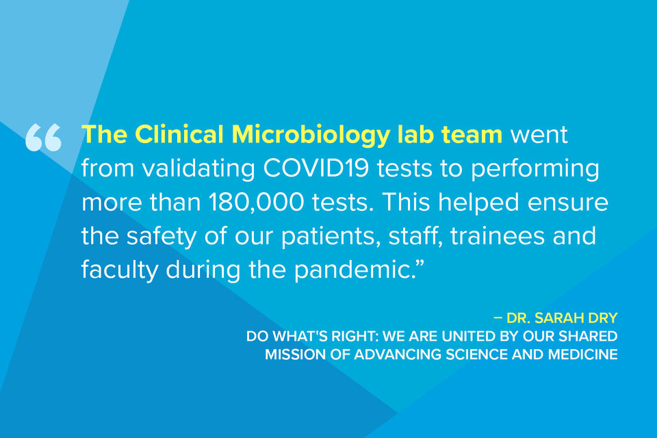 The Clinical Microbiology lab team went from validating COVID19 tests to performing more than 180,000 tests. This helped ensure the safety of our patients, staff, trainees and faculty during the pandemic.