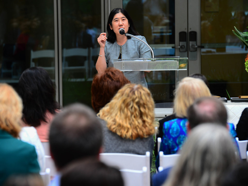 Tasha Wang speaks at the Awards for Education ceremony